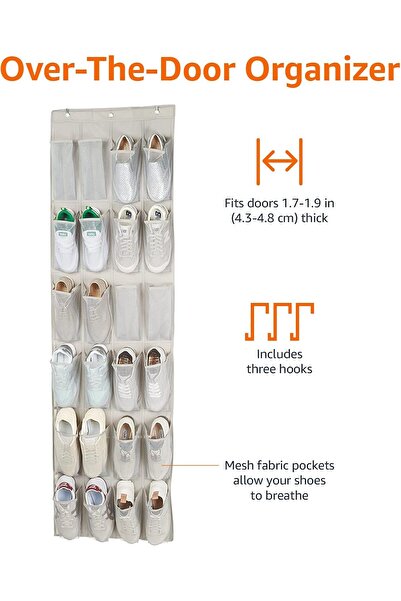 Xess 24 Medium Pocket Over-the-Door Hanging Shoe Organizer, Light Grey