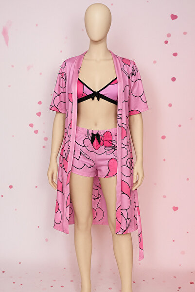 CAMELIA Pembe Mickey Desenli 3'lü Şortlu Takım Pijama