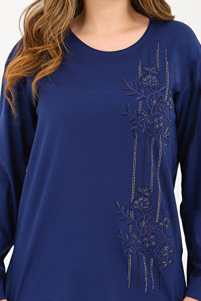 Ravencia Women's Winter Mid-Age and Above Viscose Stripe Pattern Stonework Embroidered Stretch Fabric Mother Combed Cotton Blouse