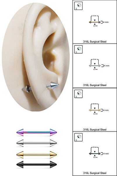 Cadının Dükkanı 4 mm Spike Düz Bar Piercing – 316L Cerrahi Çelik, Conch Meme ...