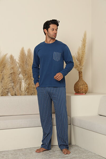 Serena Men's dark blue 100% cotton pajamas with striped long pants