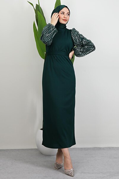 GİYZAMİLA Sleeve Detail Elisa Dress Emerald