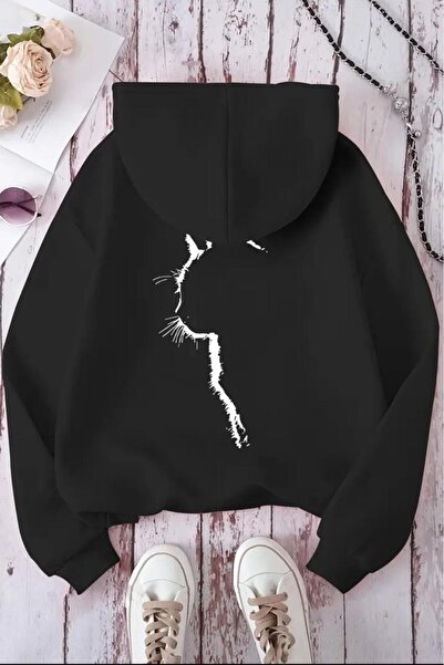 Oksit Silhouette Cat Back Printed Unisex Sweatshirt with Cotton Inside