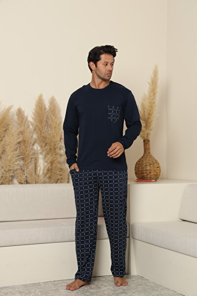 Serena Men's navy blue pajamas with long checked pants – 100% cotton