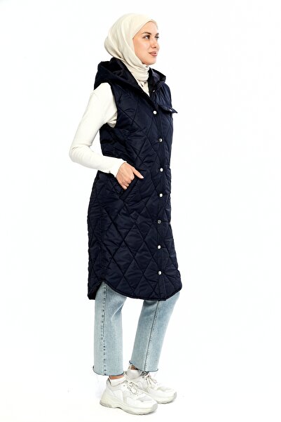 Modabenna Women's Hooded Long Snap Fastener Inflatable Filling Vest