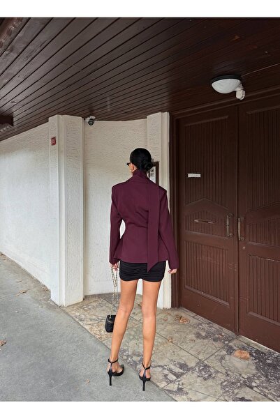 Berf Plum Waist-Fitted Shawl Detailed Design Blazer Jacket