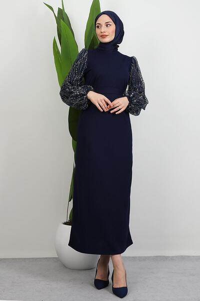 GİYZAMİLA Sleeve Pattern Pearl Dress Navy Blue