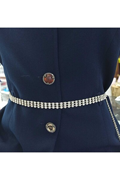 Simge Gümüş حزام مرصع بالأحجار بثلاثة صفوف، عرض 1 سم، طول 75 سم، طول إضافي 32 سم