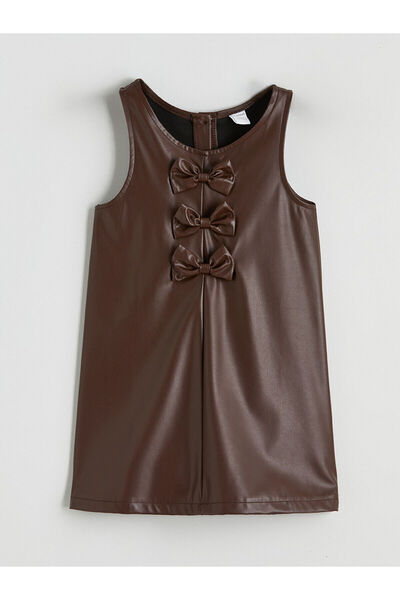 LC Waikiki Vizyon New Season Bow Detailed Leather-Look Girls' Dress and Pantyhose