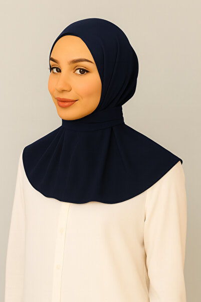 Merve Nayir Çıtçıtlı Arkadan Bağlamalı Tesettür Lacivert Penye Hazır Pratik Şal