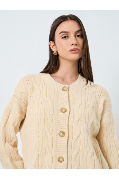 Styli Beige Longline Cable Knit Cardigan
