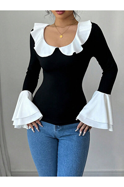 Take Two By Styli Women Black Solid Flounce Neck Top with Contrast Trim