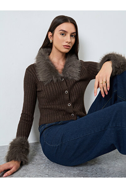 Take Two By Styli Coffee Brown Faux Fur Trim Cardigan Top