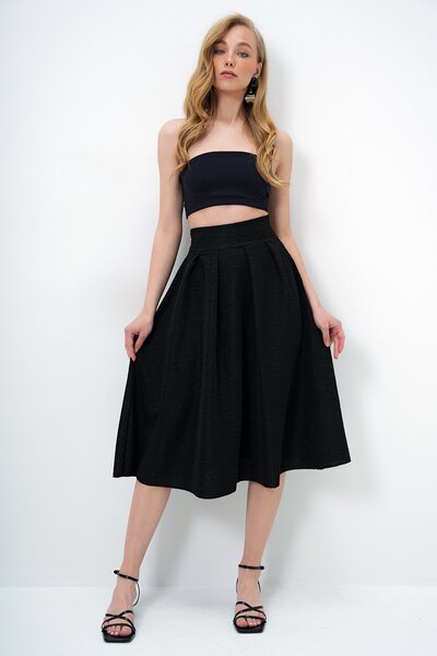 Trend Alaçatı Stili Női fekete, magas derekú, széles öves, rejtett cipzáras, midi hosszúságú texturált szoknya ALC-X13473