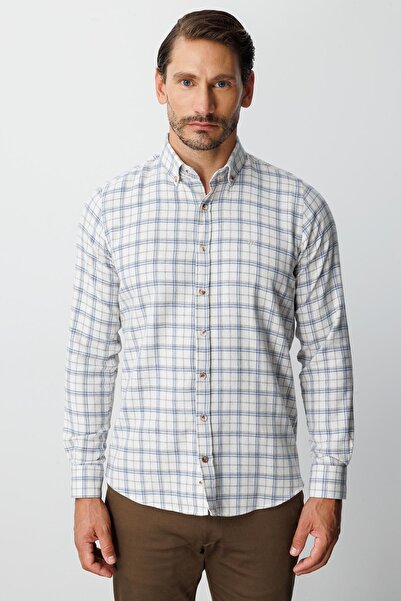 İgs Екру динамична памучна риза с дълъг ръкав, карирана, с копчета и яка