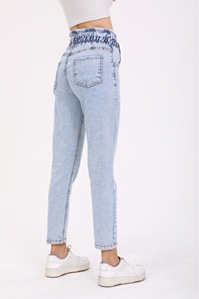 SHEVEGA Women's Button Detailed Elastic Waist Ice Blue Mom Jeans