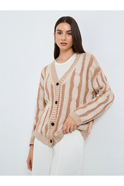 Take Two By Styli Beige Striped Cable Knit Cardigan