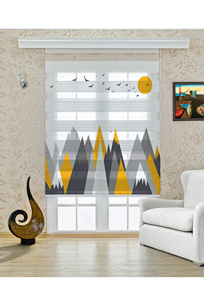 Yznhome Çocuk odası- Sarı Gri Dağlar ve Güneş Desenli Zebra Perde - YZN-401