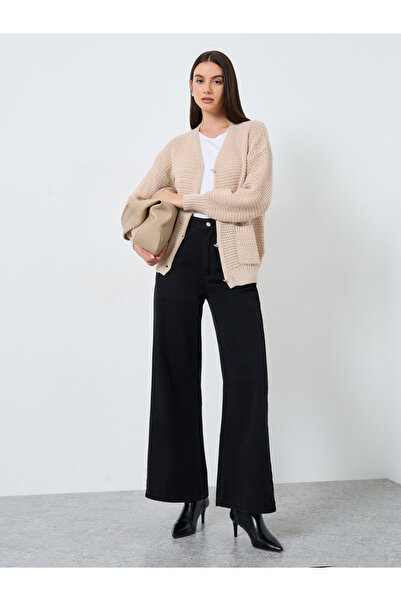 Take Two By Styli Beige Chunky Knit Cardigan with Patch Pocket