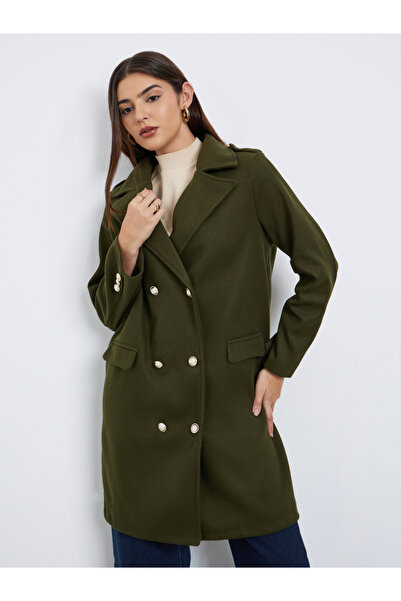 Styli Olive Regular Fit Double Breasted Wool Like Coat