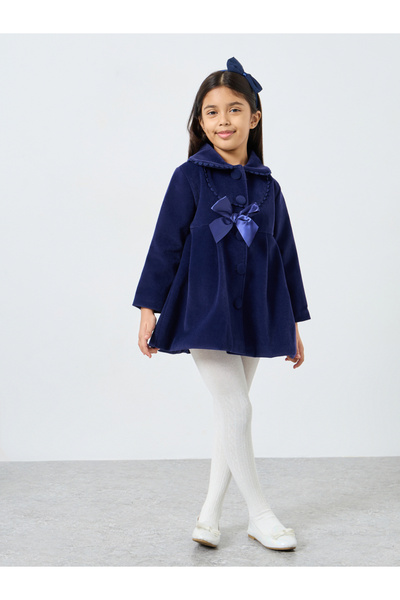 Styli Blue Solid Button Detail Coat with Bow Detail