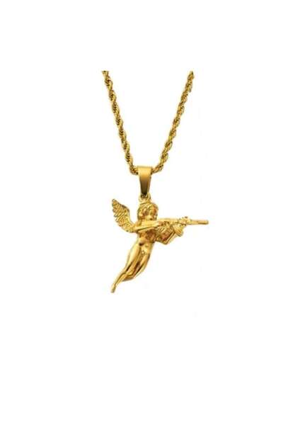 OEM Necklace with Cupidon AK47 pendant, unisex, 22 inch, stainless steel, gold plated