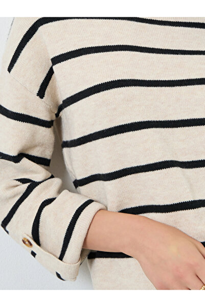 Take Two By Styli Beige Striped Boat Neck Sweater