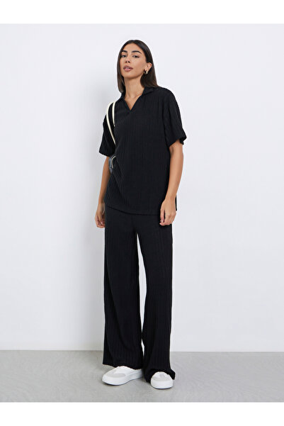 Styli Black Ribbed Collared Oversized Top
