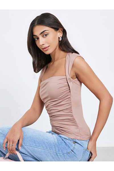 Styli Pink Square Neck Fitted Knit Top