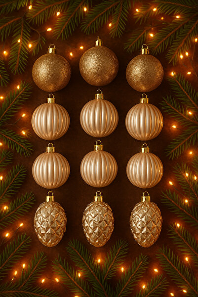 Derin Düşler زينة شجرة عيد الميلاد من خشب الصنوبر ذهبي وردي 8 سم 13 قطعة زينة كروية فاخرة زينة عيد الميلاد على شكل مخروط