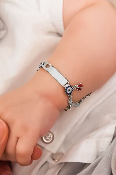 Flamingo 925 Ayar Gümüş Rodyum Kaplama Nazar Uğur Böcekli Isimli. Kız.Erkek Bebek Künyesi