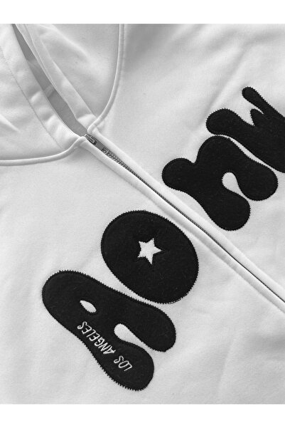 Take Two By Styli White Graphic Patch Detail Hooded Jacket