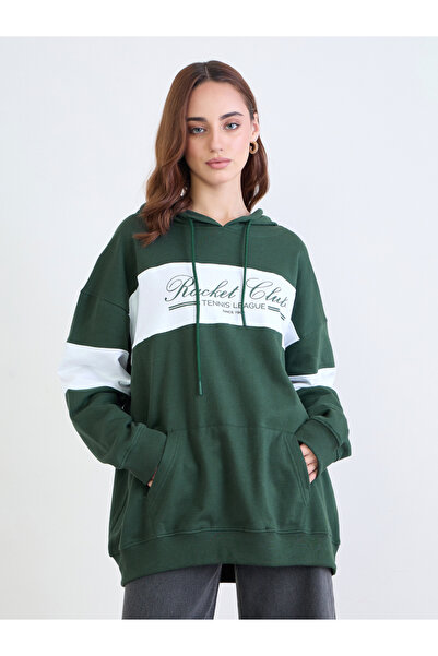 Styli Dark Green Color Block Hoodie