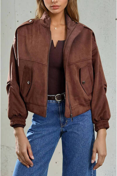 Robin D99806 Cep Detaylı Oversize Kısa Süet Kadın Mont Koyu Kahve