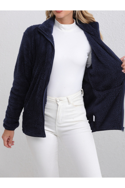 Take Two By Styli Navy Blue Fleece Zip-Up Jacket