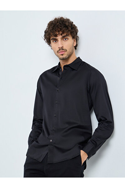 Styli Men Black Plain 60s Satin Long Sleeve Slim Fit Shirt