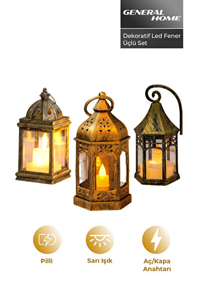 General Home Dekoratif LED Fener 3’lü Set | Pilli, Sarı Işık, Retro Tasarım, ...