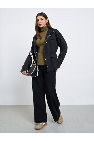 Styli Black Longline Utility Jacket with Pockets