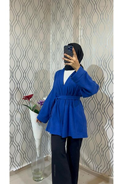 DİLEKBUTİK Cobalt Blue Unlined Kaşe Winter Kimono
