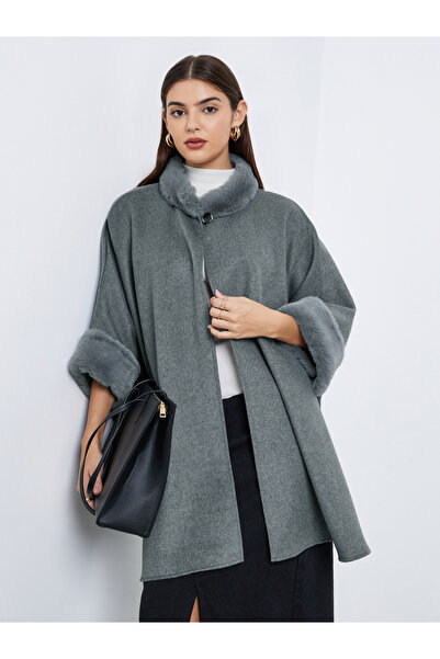 Styli Grey Faux Fur Trim Oversized Cape Coat