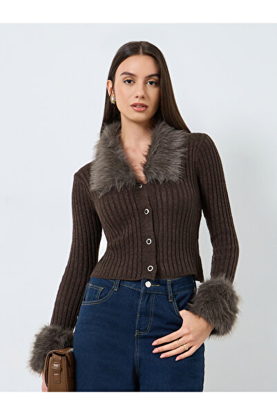 Take Two By Styli Coffee Brown Faux Fur Trim Cardigan Top