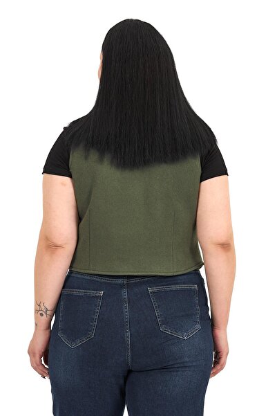 DISENTIS MODEST Plus Size Button Closure Pocket Flap Lined Short Cashmere Khaki Vest