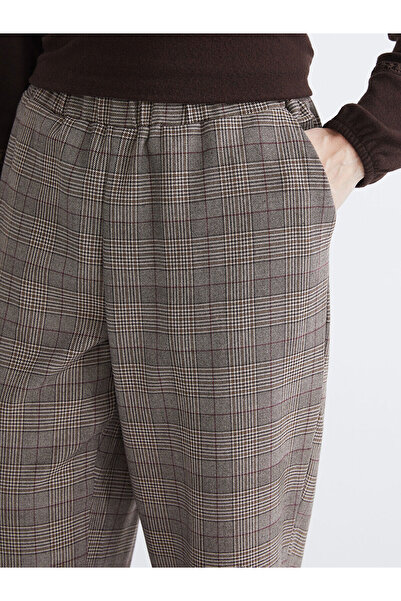 LC Waikiki Lcw Grace Brown Elastic Waist Plaid Women's Trousers