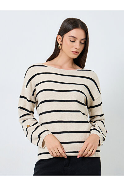 Take Two By Styli Beige Striped Boat Neck Sweater