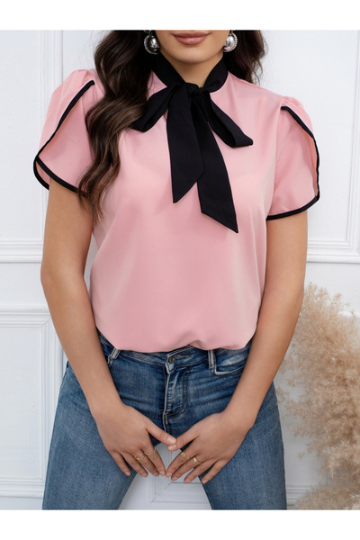 Take Two By Styli Pink Blouse with Bow Tie-Up Neck