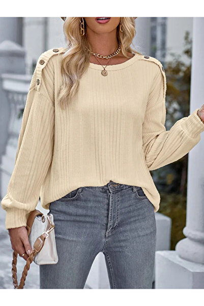 Take Two By Styli Women Beige Ribbed Long Sleeve Top with Button Detail