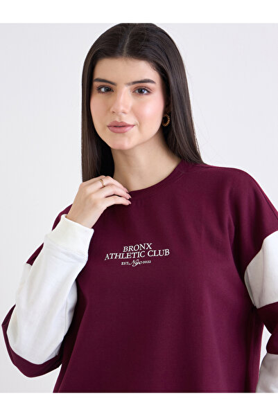 Styli Burgundy Color Block Oversized Sweatshirt