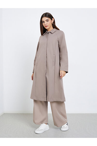 Styli Beige Oversized Button-Front Trench Coat