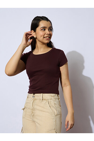 NOH-VOH By Styli Maroon Ribbed Short Sleeve Top