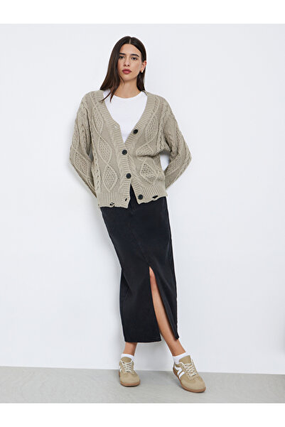 Take Two By Styli Beige Cable Knit Ripped Detail Cardigan